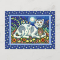 NIGHT OWLS, OWLETS AND PUSSYCAT, FOLK ART CAT POSTCARD