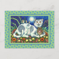 NIGHT OWLS, OWLETS AND PUSSYCAT, FOLK ART CAT POSTCARD