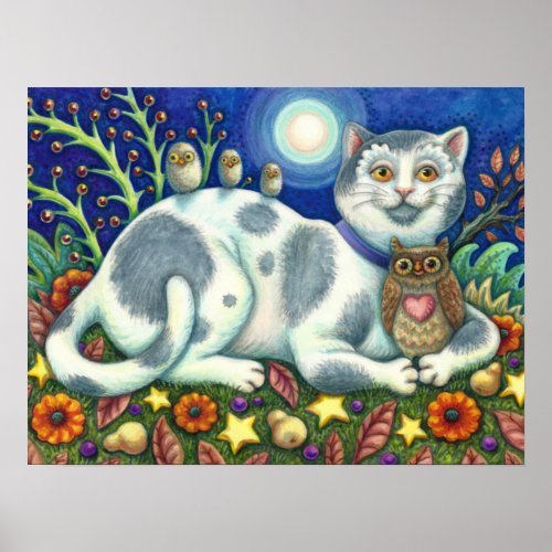 NIGHT OWLS, OWLETS AND PUSSYCAT, FOLK ART CAT POSTER