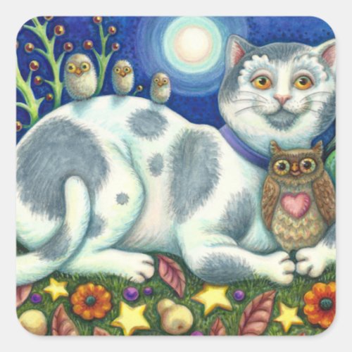 NIGHT OWLS, OWLETS AND PUSSYCAT FOLK ART Cat Square Sticker