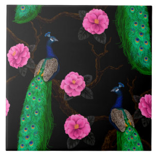 Night peacock garden ceramic tile