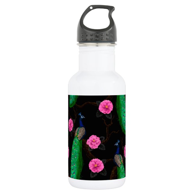 Night peacock garden stainless steel water bottle (Front)