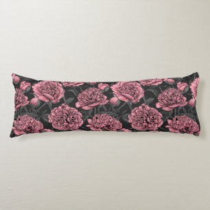 Night peony garden in pink and gray body pillow