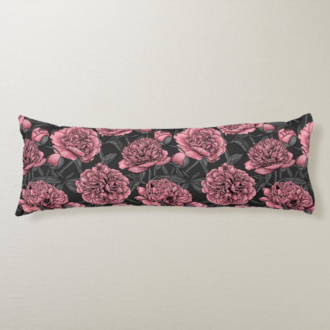 Night peony garden in pink and gray body pillow (Front)