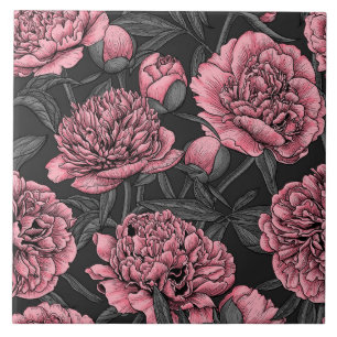 Night peony garden in pink and gray ceramic tile
