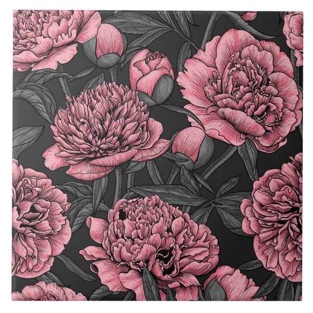 Night peony garden in pink and gray ceramic tile (Front)