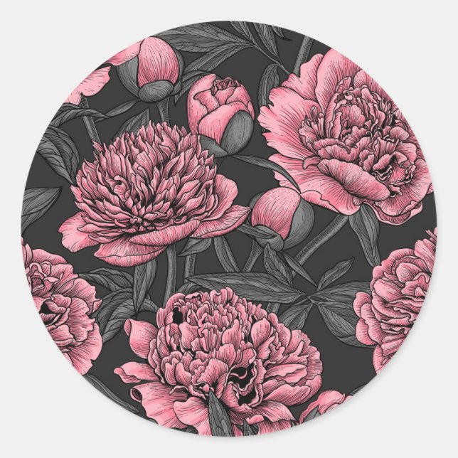Night peony garden in pink and gray classic round sticker (Front)