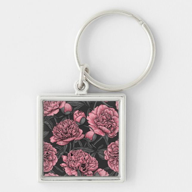 Night peony garden in pink and gray keychain (Front)