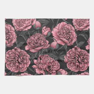 Night peony garden in pink and gray kitchen towel