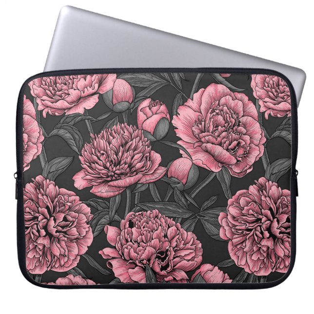 Night peony garden in pink and gray laptop sleeve (Front)
