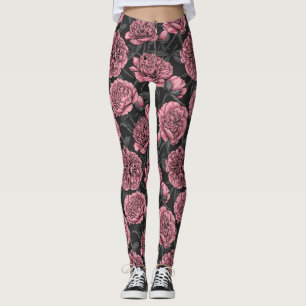 Night peony garden in pink and gray leggings