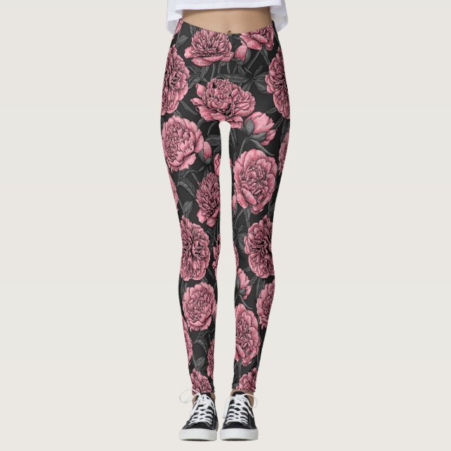 Night peony garden in pink and gray leggings (Front)