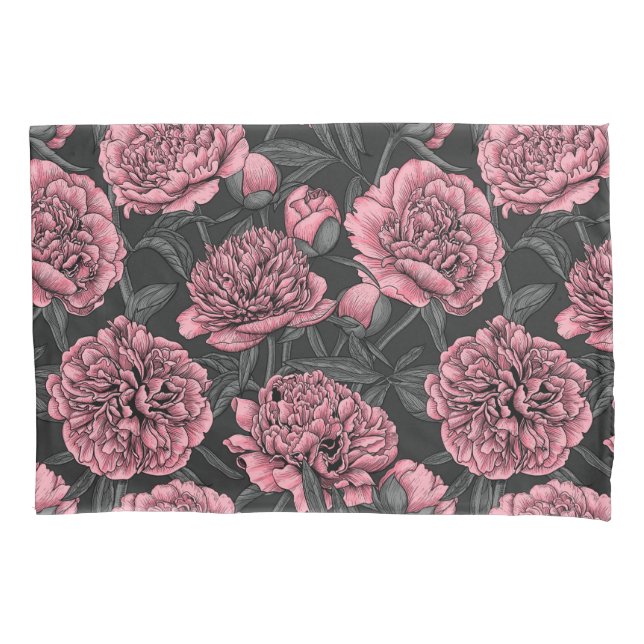 Night peony garden in pink and gray pillow case (Front)