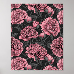 Night peony garden in pink and gray poster