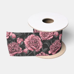Night peony garden in pink and gray satin ribbon