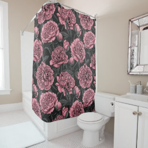 Night peony garden in pink and gray shower curtain