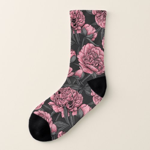 Night peony garden in pink and gray socks