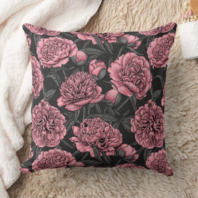 Night peony garden in pink and gray throw pillow (Blanket)