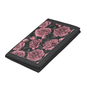 Night peony garden in pink and gray tri-fold wallet