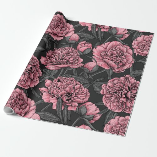 Night peony garden in pink and gray wrapping paper