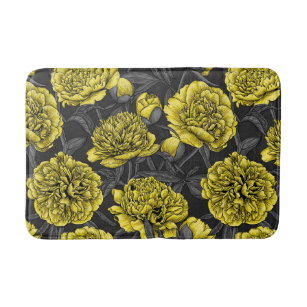 Yellow Black Gray Flower Burst Floral Pattern Bath Mat by Honey
