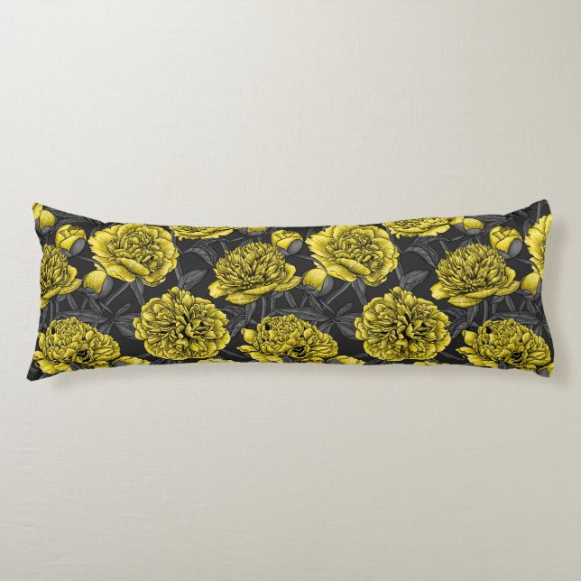 Night peony garden in yellow and gray body pillow (Front)