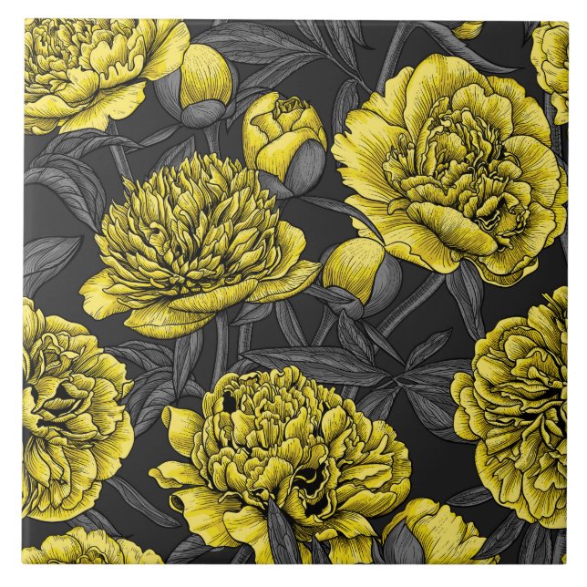 Night peony garden in yellow and gray ceramic tile (Front)