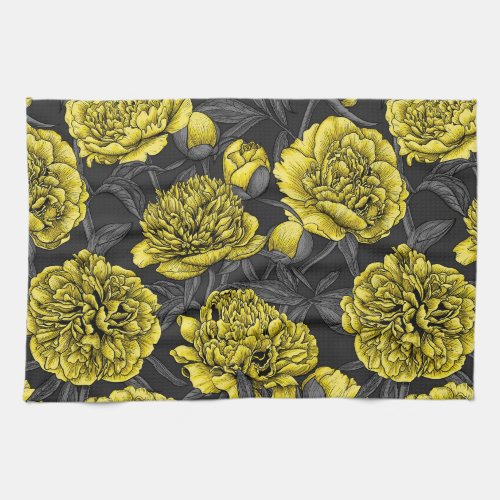 Night peony garden in yellow and gray kitchen towel