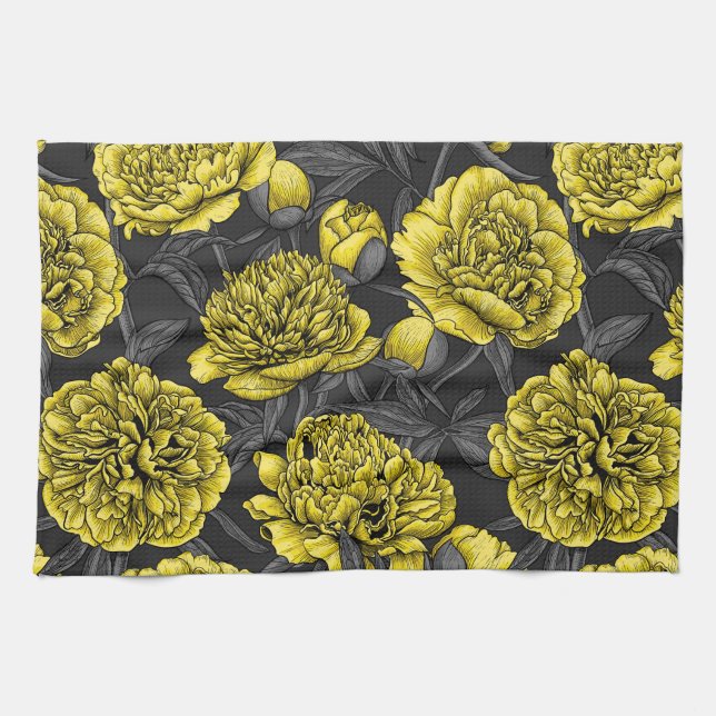 Night peony garden in yellow and gray kitchen towel (Horizontal)