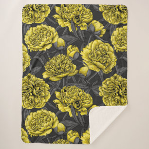 Night peony garden in yellow and gray sherpa blanket