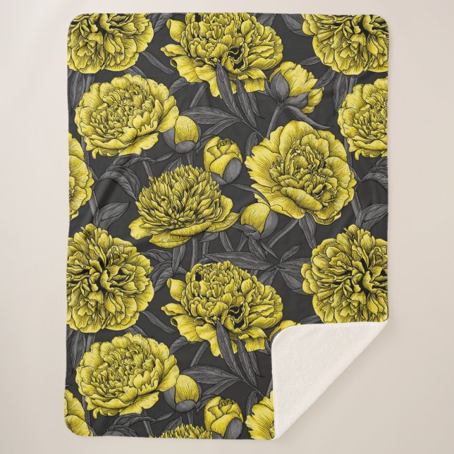 Night peony garden in yellow and gray sherpa blanket (Front)