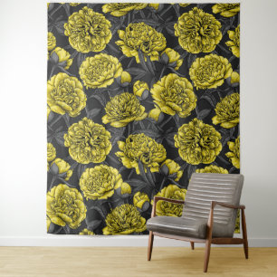 Night peony garden in yellow and gray tapestry