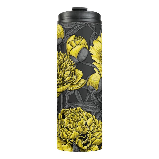 Night peony garden in yellow and gray thermal tumbler (Front)