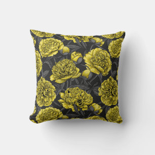 Night peony garden in yellow and gray throw pillow