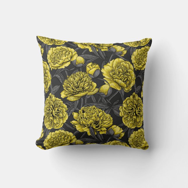Night peony garden in yellow and gray throw pillow (Front)