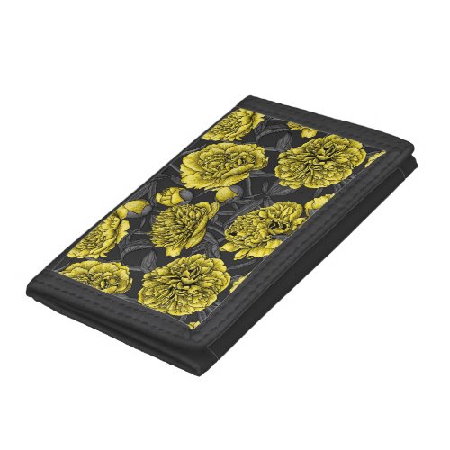 Night peony garden in yellow and gray trifold wallet