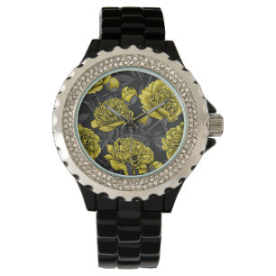Night peony garden in yellow and gray watch