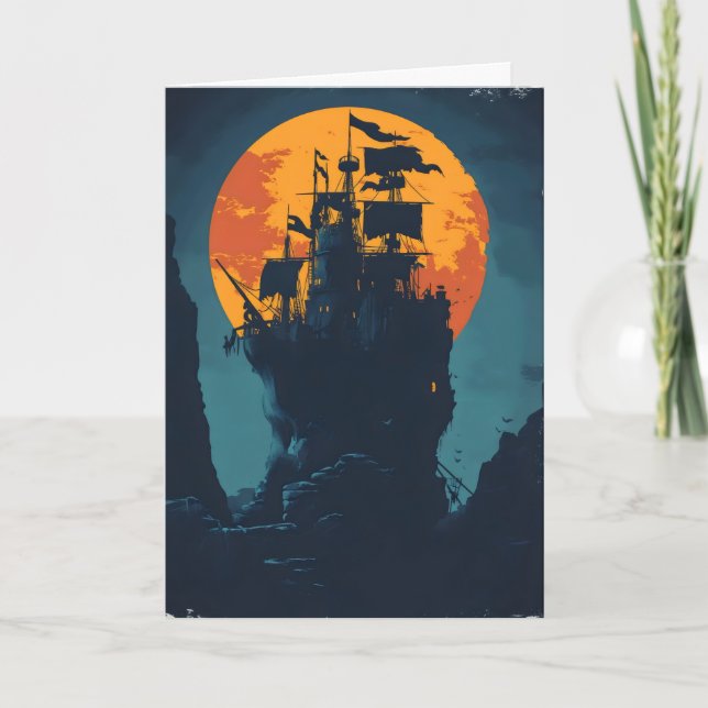 Night Pirate Ship Island Holiday Card (Front)