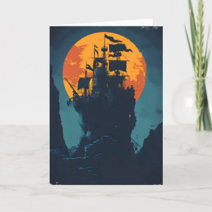 Night Pirate Ship Island Holiday Card