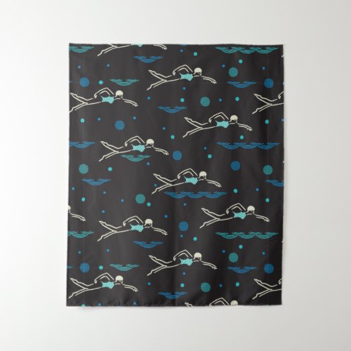 Night Pool Swimmers Silhouette Art Pattern Tapestry