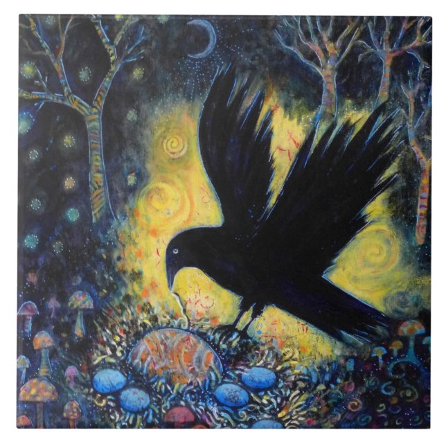 Night Raven with Nest and Eggs Ceramic Tile (Front)