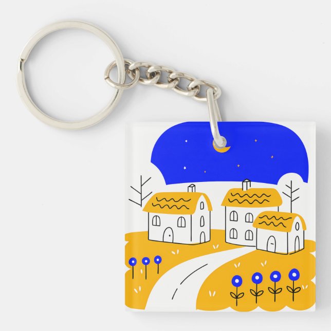 Night Scene of a Small Village Landscape Keychain (Front)