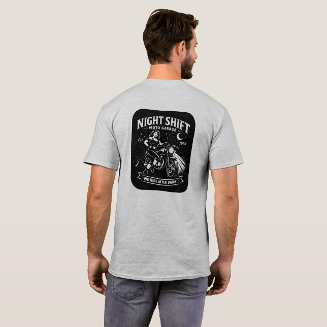 Night Shift Motorcycle Garage Pin Up Style T-Shirt (Back Full)