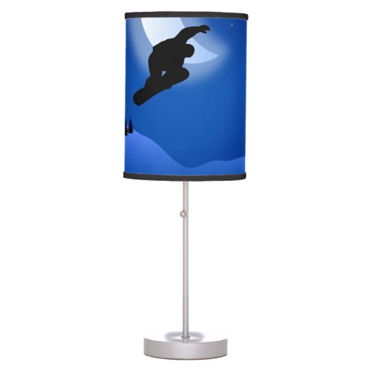 Night Silhouette Snowboarding Mountain and Moon Table Lamp (Front)