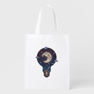 Night Sky and Cottage Inside a Lightbulb Grocery Bag