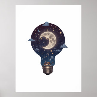 Night Sky and Cottage Inside a Lightbulb Poster