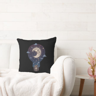 Night Sky and Cottage Inside a Lightbulb Throw Pillow