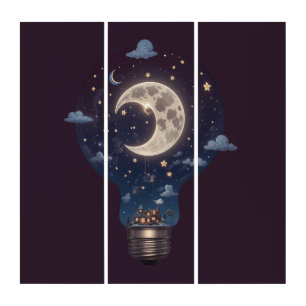 Night Sky and Cottage Inside a Lightbulb Triptych