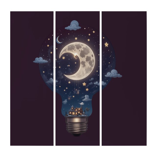 Night Sky and Cottage Inside a Lightbulb Triptych (Front)