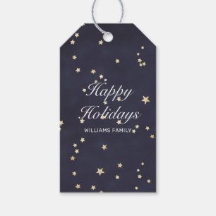 Night sky and gold stars happy holidays gift tags
